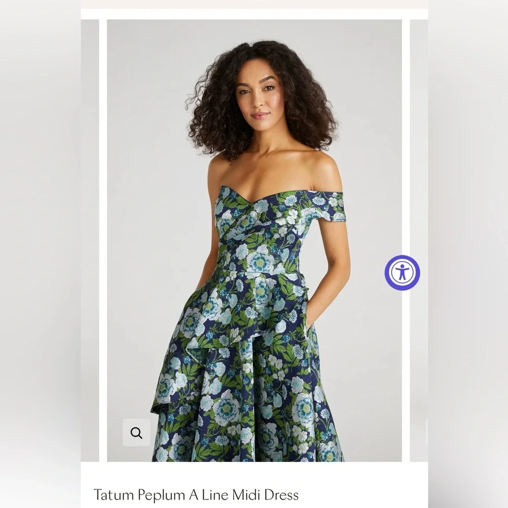 Theia Green Floral Off-Shoulder Midi Dress - Picture 2 of 4